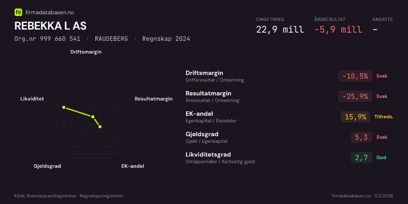 Økonomisk helseprofil for REBEKKA L AS (Org.nr 999 660 541) i RAUDEBERG. Omsetning 22,9 mill, årsresultat −5,9 mill, driftsmargin -10,5 %, resultatmargin -25,9 %, EK-andel 15,9 %, gjeldsgrad 5,3, likviditetsgrad 2,7. Regnskap 2024. Kilde: firmadatabasen.no